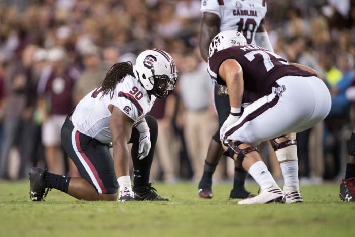 South Carolina Gamecocks defensive lineman Taylor Stallworth (90) and Texas A&M Aggies offensive lineman Koda Martin (75) during the game at Kyle Field. The Aggies defeat the Gamecocks 24-17. Mandatory Credit: Jerome Miron-USA TODAY Sports